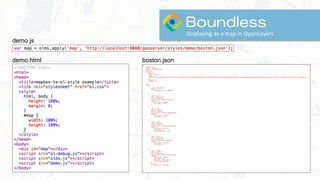 Displaying as a map in OpenLayers
demo.js
demo.html boston.json
 