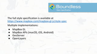 The full style specification is available at
https://www.mapbox.com/mapbox-gl-js/style-spec
Multiple Implementations:
● MapBox GL
● MapBox APIs (macOS, iOS, Android)
● GeoServer
● OpenLayers
Open Specification
 