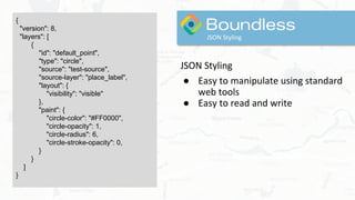 JSON Styling
● Easy to manipulate using standard
web tools
● Easy to read and write
JSON Styling
{
"version": 8,
"layers": [
{
"id": "default_point",
"type": "circle",
"source": "test-source",
"source-layer": "place_label",
"layout": {
"visibility": "visible"
},
"paint": {
"circle-color": "#FF0000",
"circle-opacity": 1,
"circle-radius": 6,
"circle-stroke-opacity": 0,
}
}
]
}
 