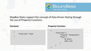 Data-driven Styling
MapBox Styles support the concept of Data-Driven Styling through
the use of Property Functions.
Consta...