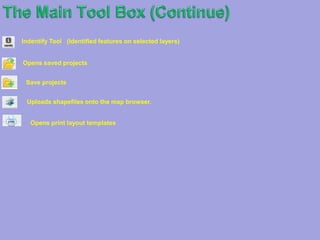 The Main Tool BoxThe Navigation Toolbox provides tools for adjusting your view of the map and measuring parts of the mapSearch ToolZoom to full extentZoom InZoom OutPan The Pan tool lets you navigate around the map. Use the Pan tool by clicking and dragging the mouse on the map. The area of the map that you grab will end up wherever you release the mouse buttonMap BackClicking the Map Back tool will return your map to the previous extent that you viewedMap ForwardIf you have used the Map Back button, clicking the Map Forward tool will return the map to the next extentSelect Feature by PointSelect Feature by drawing a polygon