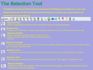 The Main Tool Box (Continue)Indentify Tool   (Identified features on selected layers) Opens saved projectsSave projects Uploads shapefiles onto the map browser.Opens print layout templates