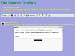 TheProject Toolbox (Continue)Extent Bookmarks: The Extent Bookmarks tool allows you to add custom extents to the Jump to Extent box. Click the Launch Extent Bookmarks tool to open the Extent Bookmark panel (Figure 3). Navigate the map to the desired extents, type the name that you want to appear in the Jump to Extent drop-down list, and click Add       . To remove custom extents from the Jump to Extent box, click the Delete Bookmark button         to the left of the extents that you want to remove.Zoom to CoordinatesIt allows the user to enter known coordinates to zoom in to a specific location.