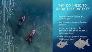 WHY DO I NEED TO
KNOW THE CONTEXT?
• Know the waters that you are
swimming in!
• Are you swimming with sharks or
dolphins?
• Its also worth knowing the
position of land on the horizon to
swim towards to
• Then you can figure out what you
NEED to get there!
 