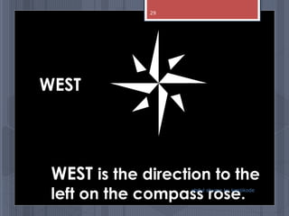 WEST
WEST is the direction to the
left on the compass rose.abdul shumz kv kanjikode
29
 