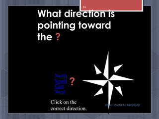 What direction is
pointing toward
the ?
Click on the
correct direction.
North
South
East
West
?
abdul shumz kv kanjikode
34
 