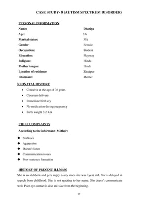 57
CASE STUDY- 8 (AUTISM SPECTRUM DISORDER)
PERSONAL INFORMATION:
Name: Dhariya
Age: 3.6
Marital status: NA
Gender: Female
Occupation: Student
Education: Playway
Religion: Hindu
Mother tongue: Hindi
Location of residence Zirakpur
Informant: Mother
NEONATAL HISTORY
• Conceive at the age of 36 years
• Cesarean delivery
• Immediate birth cry
• No medication during pregnancy
• Birth weight 3.2 KG
CHIEF COMPLAINTS
According to the informant (Mother)
◆ Stubborn
◆ Aggressive
◆ Doesn’t listen
◆ Communication issues
◆ Poor sentence formation
HISTORY OF PRESENT ILLNESS
She is so stubborn and gets angry easily since she was 1year old. She is delayed in
speech from childhood. She is not reacting to her name. She doesn't communicate
well. Poor eye contact is also an issue from the beginning.
lOMoARcPSD|25238877
 