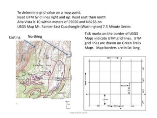 To determine grid value on a map point.
     Read UTM Grid lines right and up: Read east then north
     Alta Vista is 10 within meters of E9650 and N8265 on
     USGS Map Mt. Rainier East Quadrangle (Washington) 7.5 Minute Series
                                                Tick marks on the border of USGS
Easting    Northing                             Maps indicate UTM grid lines. UTM
                                                grid lines are drawn on Green Trails
                                                Maps. Map borders are in lat-long




                                   map not to scale
 