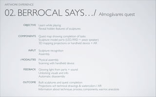 ARTWORK EXPERIENCE


02. BERROCAL SAYS…/ Almogávares quest
           OBJECTIVE    Learn while playing
                        Reveal hidden features of sculptures

        COMPONENTS      Quest map showing completion of tasks
                        Sculpture model parts (LED, RFID + piezo speaker)
                        3D mapping projections or handheld device + AR

               INPUT    Sculpture recognition
                        Assembly
         i MODALITIES   Physical assembly
                        Scanning with handheld device

           FEEDBACK     Glowing light from parts + sound
                        Unlocking visuals and info
                        Automatic disassembly
           OUTCOME      Built sculptures and quest completion
                        Projections w/t technical drawings & watercolors / AR
                        Information about technique, process, components, warrior, anecdote
 