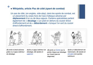 + !  Wikipédia, article Pas de côté (sport de combat)
Un pas de côté, (en anglais, side-step), dans les sports de combat, est
un placement du corps hors de l’axe d’attaque adverse par
déplacement d’un ou de deux appuis. Certains spécialistes parlent
également de « décalage » (un pied en dehors du couloir direct
d’affrontement) et de « débordement » lorsque l’on sort du couloir
direct d’affrontement.
 