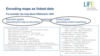 Encoding maps as linked data
For example, the map about Hildesheim 1840:
Document (graph) represents Content graph
(describing the map as document) (describing content assertions)
 