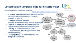Linked spatio-temporal data for historic maps
Linked spatio-temporal data enables
1. a simple und universal approach to describe
semantic contents of (map) documents
(namely, a graph)
2. complex content queries
(beyond text search) using diverse languages
3. logical expressions and reasoning for
approximate content descriptions/queries
4. linking to external resources (URI)
...and therefore: (re)-using resources and
crowdsourcing
5. using spatial (OGC simple feature) and
temporal references
Map
Berghe
Ducatus
Gerard
Mercator
is a
creator
coord
x: ….
y: ….
mapsArea
“1550”mapsTime
Berg
State
is a
Köln
maps
City
“1512”
birthDate
is a
 
