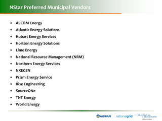 NStar Preferred Municipal Vendors

• AECOM Energy
• Atlantic Energy Solutions
• Hobart Energy Services
• Horizon Energy Solutions
• Lime Energy
• National Resource Management (NRM)
• Northern Energy Services
• NXEGEN
• Prism Energy Service
• Rise Engineering
• SourceONe
• TNT Energy
• World Energy
 