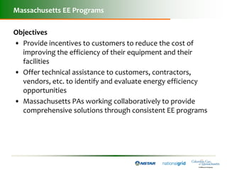 Massachusetts EE Programs

Objectives
• Provide incentives to customers to reduce the cost of
  improving the efficiency of their equipment and their
  facilities
• Offer technical assistance to customers, contractors,
  vendors, etc. to identify and evaluate energy efficiency
  opportunities
• Massachusetts PAs working collaboratively to provide
  comprehensive solutions through consistent EE programs
 