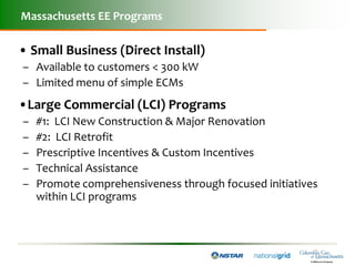 Massachusetts EE Programs

• Small Business (Direct Install)
– Available to customers < 300 kW
– Limited menu of simple ECMs
•Large Commercial (LCI) Programs
–   #1: LCI New Construction & Major Renovation
–   #2: LCI Retrofit
–   Prescriptive Incentives & Custom Incentives
–   Technical Assistance
–   Promote comprehensiveness through focused initiatives
    within LCI programs
 