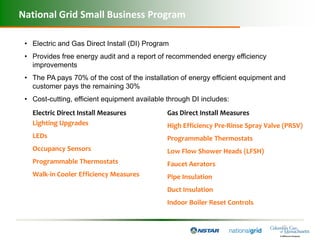 National Grid Small Business Program

 • Electric and Gas Direct Install (DI) Program
 • Provides free energy audit and a report of recommended energy efficiency
   improvements
 • The PA pays 70% of the cost of the installation of energy efficient equipment and
   customer pays the remaining 30%
 • Cost-cutting, efficient equipment available through DI includes:
   Electric Direct Install Measures            Gas Direct Install Measures
   Lighting Upgrades                           High Efficiency Pre-Rinse Spray Valve (PRSV)
   LEDs                                        Programmable Thermostats
   Occupancy Sensors                           Low Flow Shower Heads (LFSH)
   Programmable Thermostats                    Faucet Aerators
   Walk-in Cooler Efficiency Measures          Pipe Insulation
                                               Duct Insulation
                                               Indoor Boiler Reset Controls
 