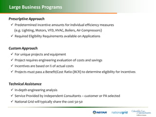 Large Business Programs

Prescriptive Approach
  Predetermined incentive amounts for individual efficiency measures
   (e.g. Lighting, Motors, VFD, HVAC, Boilers, Air Compressors)
  Required Eligibility Requirements available on Applications


Custom Approach
  For unique projects and equipment
  Project requires engineering evaluation of costs and savings
  Incentives are based on % of actual costs
  Projects must pass a Benefit/Cost Ratio (BCR) to determine eligibility for incentives


Technical Assistance
  In-depth engineering analysis
  Service Provided by Independent Consultants – customer or PA selected
  National Grid will typically share the cost 50-50
 