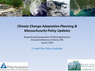 Climate Change Adaptation Planning &
Massachusetts Policy Updates
MassachusettsAssociation of Planning Directors
AnnualConference, Amherst, MA
June5, 2014
E. Heidi Ricci, Mass Audubon
 