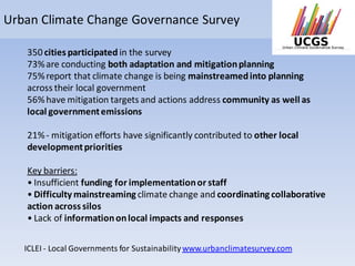 Urban Climate Change Governance Survey
350 cities participated in the survey
73%are conducting both adaptation and mitigationplanning
75%report that climate change is being mainstreamedinto planning
across their local government
56%have mitigation targets and actions address community as well as
local governmentemissions
21%- mitigation efforts have significantly contributed to other local
developmentpriorities
Key barriers:
• Insufficient funding for implementationor staff
• Difficulty mainstreaming climate change and coordinating collaborative
action across silos
• Lack of informationonlocal impacts and responses
ICLEI - Local Governments for Sustainability www.urbanclimatesurvey.com
 
