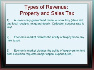 Types of Revenue:
Property and Sales Tax
1) A town’s only guaranteed revenue is tax levy (state aid
and local receipts not guaranteed). Collection success rate is
key!
2) Economic market dictates the ability of taxpayers to pay
their taxes.
3) Economic market dictates the ability of taxpayers to fund
debt exclusion requests (major capital expenditures)
 