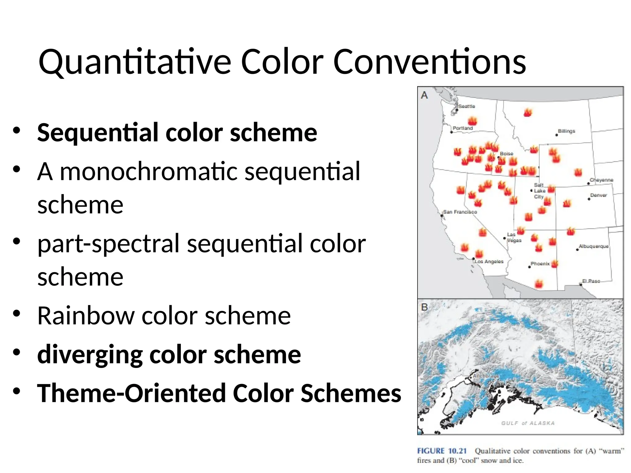 Quantitative Color Conventions
• Sequential color scheme
• A monochromatic sequential
scheme
• part-spectral sequential color
scheme
• Rainbow color scheme
• diverging color scheme
• Theme-Oriented Color Schemes
 