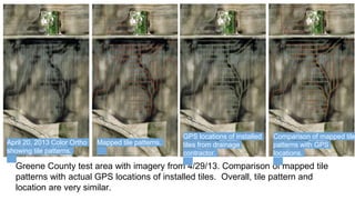 Greene County test area with imagery from 4/29/13. Comparison of mapped tile
patterns with actual GPS locations of installed tiles. Overall, tile pattern and
location are very similar.
April 20, 2013 Color Ortho
showing tile patterns.
Mapped tile patterns.
GPS locations of installed
tiles from drainage
contractor.
Comparison of mapped tile
patterns with GPS
locations.
 
