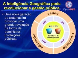 A Inteligência Geográfica podeA Inteligência Geográfica pode
revolucionar a gestão públicarevolucionar a gestão pública
● Uma nova geração
de sistemas irá
provocar uma
grande revolução
na forma de
administrar
instituições
públicas.
saúde
ed
ucação
tributaç
ão
S
FS
W
FS
W
M
SW
C
S
Servidores de
Geoinformação
BD GEO
 