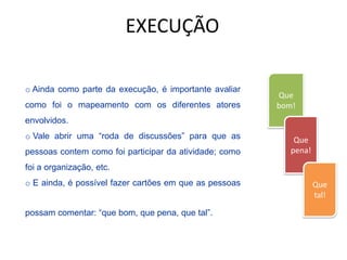 o Ainda como parte da execução, é importante avaliar
como foi o mapeamento com os diferentes atores
envolvidos.
o Vale abrir uma “roda de discussões” para que as
pessoas contem como foi participar da atividade; como
foi a organização, etc.
o E ainda, é possível fazer cartões em que as pessoas
possam comentar: “que bom, que pena, que tal”.
EXECUÇÃO
Que
bom!
Que
pena!
Que
tal!
 