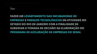 Mapeamento das Incubadoras, Parques Tecnológicos e Polos Industriais do Rio de Janeiro
OBJETIVOS
01
FAZER UM LEVANTAMENTO ...