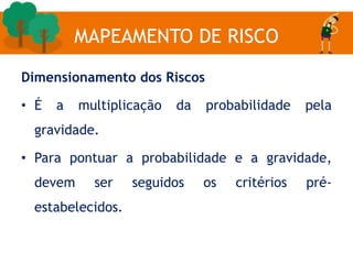 Dimensionamento dos Riscos
• É a multiplicação da probabilidade pela
gravidade.
• Para pontuar a probabilidade e a gravidade,
devem ser seguidos os critérios pré-
estabelecidos.
MAPEAMENTO DE RISCO
 