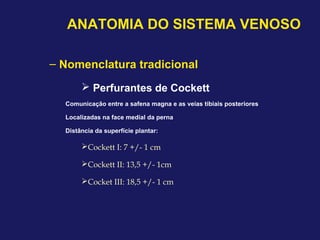 ANATOMIA DO SISTEMA VENOSO
– Nomenclatura tradicional
 Perfurantes de Cockett
Comunicação entre a safena magna e as veias tibiais posteriores
Localizadas na face medial da perna
Distância da superfície plantar:
Cockett I: 7 +/- 1 cm
Cockett II: 13,5 +/- 1cm
Cocket III: 18,5 +/- 1 cm
 