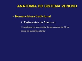 ANATOMIA DO SISTEMA VENOSO
– Nomenclatura tradicional
 Perfurantes de Sherman
Localizada na face medial da perna cerca de 24 cm
acima da superfície plantar
 