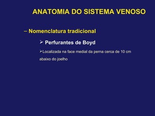 ANATOMIA DO SISTEMA VENOSO
– Nomenclatura tradicional
 Perfurantes de Boyd
Localizada na face medial da perna cerca de 10 cm
abaixo do joelho
 