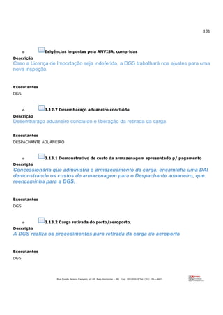 101
Rua Conde Pereira Carneiro, nº 80. Belo Horizonte – MG Cep: 30510-010 Tel: (31) 3314-4603
o Exigências impostas pela ANVISA, cumpridas
Descrição
Caso a Licença de Importação seja indeferida, a DGS trabalhará nos ajustes para uma
nova inspeção.
Executantes
DGS
o 3.12.7 Desembaraço aduaneiro concluído
Descrição
Desembaraço aduaneiro concluído e liberação da retirada da carga
Executantes
DESPACHANTE ADUANEIRO
o 3.13.1 Demonstrativo de custo da armazenagem apresentado p/ pagamento
Descrição
Concessionária que administra o armazenamento da carga, encaminha uma DAI
demonstrando os custos de armazenagem para o Despachante aduaneiro, que
reencaminha para a DGS.
Executantes
DGS
o 3.13.2 Carga retirada do porto/aeroporto.
Descrição
A DGS realiza os procedimentos para retirada da carga do aeroporto
Executantes
DGS
 