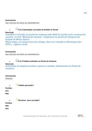 116
Rua Conde Pereira Carneiro, nº 80. Belo Horizonte – MG Cep: 30510-010 Tel: (31) 3314-4603
Executantes
NAS (NÚCLEO DE APOIO AO SUPRIMENTOS)
o 4.5.2 Solicitação vinculada ao Pedido no Portal
Descrição
O pedido é incluído no portal de compras pelo NAS de acordo com o manual do
usuário, no link “Manual do Usuário”, disponível no portal de Compras do
Estado de Minas Gerais.
Nesta etapa, no campo local de entrega, deve ser inserida a informação das
UPG´s , siged e ramal.
Executantes
NAS (NÚCLEO DE APOIO AO SUPRIMENTOS)
o 4.5.3 Pedido analisado no Portal de Compras
Descrição
Ordenador de despesa analisa e aprova o pedido, diretamente no Portal de
compras.
Executantes
DIREÇÃO
o Pedido aprovado?
Portões
Sim
Não
o Devolver para correção?
Portões
Não
Sim
 