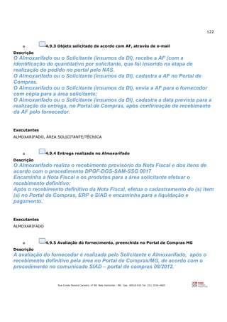 122
Rua Conde Pereira Carneiro, nº 80. Belo Horizonte – MG Cep: 30510-010 Tel: (31) 3314-4603
o 4.9.3 Objeto solicitado de acordo com AF, através de e-mail
Descrição
O Almoxarifado ou o Solicitante (insumos da DI), recebe a AF (com a
identificação do quantitativo por solicitante, que foi inserido na etapa de
realização do pedido no portal pelo NAS.
O Almoxarifado ou o Solicitante (insumos da DI), cadastra a AF no Portal de
Compras.
O Almoxarifado ou o Solicitante (insumos da DI), envia a AF para o fornecedor
com cópia para a área solicitante;
O Almoxarifado ou o Solicitante (insumos da DI), cadastra a data prevista para a
realização da entrega, no Portal de Compras, após confirmação de recebimento
da AF pelo fornecedor.
Executantes
ALMOXARIFADO, ÁREA SOLICITANTE/TÉCNICA
o 4.9.4 Entrega realizada no Almoxarifado
Descrição
O Almoxarifado realiza o recebimento provisório da Nota Fiscal e dos itens de
acordo com o procedimento DPGF-DGS-SAM-SSG 0017
Encaminha a Nota Fiscal e os produtos para a área solicitante efetuar o
recebimento definitivo;
Após o recebimento definitivo da Nota Fiscal, efetua o cadastramento do (s) item
(s) no Portal de Compras, ERP e SIAD e encaminha para a liquidação e
pagamento.
Executantes
ALMOXARIFADO
o 4.9.5 Avaliação do fornecimento, preenchida no Portal de Compras MG
Descrição
A avaliação do fornecedor é realizada pelo Solicitante e Almoxarifado, após o
recebimento definitivo pela área no Portal de Compras/MG, de acordo com o
procedimento no comunicado SIAD – portal de compras 08/2012.
 