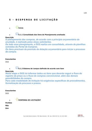 125
Rua Conde Pereira Carneiro, nº 80. Belo Horizonte – MG Cep: 30510-010 Tel: (31) 3314-4603
5 - D I S P E N S A D E L I C I T A Ç Ã O
o Início
o 5.1.1 Consolidado dos itens de Planejamento analisado
Descrição
O planejamento das compras, de acordo com o princípio orçamentário da
anuidade, é realizado pelas áreas solicitantes.
De todo esse planejamento, a DGS realiza um consolidado, através de planilhas
extraídas do Portal de Compras.
Os itens precisam da previsão da dotação orçamentária para iniciar o processo
de compra.
Executantes
DGS
o 5.1.2 Sistema de compra definido de acordo com item
Descrição
Nesta etapa a DGS irá informar todos os itens que deverão seguir o fluxo do
registro de preço ou o fluxo de compras convencional, além das demais
possibilidades de compra.
Para cada modalidade de licitação há exigências específicas de procedimentos,
formalização do processo e prazos.
Executantes
DGS
o DISPENSA DE LICITAÇÃO?
Portões
Não
Sim
 