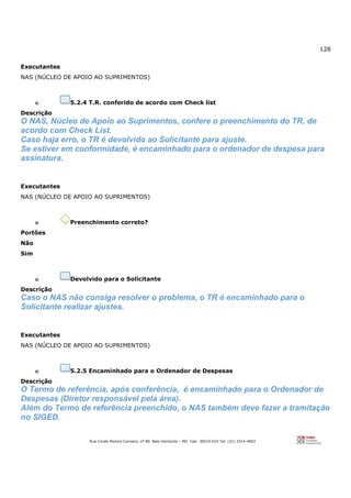 128
Rua Conde Pereira Carneiro, nº 80. Belo Horizonte – MG Cep: 30510-010 Tel: (31) 3314-4603
Executantes
NAS (NÚCLEO DE APOIO AO SUPRIMENTOS)
o 5.2.4 T.R. conferido de acordo com Check list
Descrição
O NAS, Núcleo de Apoio ao Suprimentos, confere o preenchimento do TR, de
acordo com Check List.
Caso haja erro, o TR é devolvido ao Solicitante para ajuste.
Se estiver em conformidade, é encaminhado para o ordenador de despesa para
assinatura.
Executantes
NAS (NÚCLEO DE APOIO AO SUPRIMENTOS)
o Preenchimento correto?
Portões
Não
Sim
o Devolvido para o Solicitante
Descrição
Caso o NAS não consiga resolver o problema, o TR é encaminhado para o
Solicitante realizar ajustes.
Executantes
NAS (NÚCLEO DE APOIO AO SUPRIMENTOS)
o 5.2.5 Encaminhado para o Ordenador de Despesas
Descrição
O Termo de referência, após conferência, é encaminhado para o Ordenador de
Despesas (Diretor responsável pela área).
Além do Termo de referência preenchido, o NAS também deve fazer a tramitação
no SIGED.
 