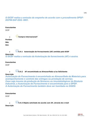 141
Rua Conde Pereira Carneiro, nº 80. Belo Horizonte – MG Cep: 30510-010 Tel: (31) 3314-4603
O DCEF realiza a emissão do empenho de acordo com o procedimento DPGF-
DCFIN-SAF-SSG- 0001.
Executantes
DCEF
o Compra internacional?
Portões
Não
Sim
o 5.9.1 Autorização de Fornecimento (AF) emitida pela DCEF
Descrição
O DCEF realiza a emissão da Autorização de fornecimento (AF) e assina.
Executantes
DCEF
o 5.9.2 AF encaminhada ao Almoxarifado e/ou Solicitante
Descrição
Autorização de Fornecimento é encaminhada ao Almoxarifado de Materiais para
acompanhamento e controle das entregas ou prestação de serviço.
Caso seja insumo da produção de fármacos ou imunobiológicos da Diretoria
Industrial, a Autorização de Fornecimento é encaminhada para a DPGP.
A Autorização de Fornecimento também deve ser tramitada no SIGED.
Executantes
DCEF
o 5.9.3 Objeto solicitado de acordo com AF, através de e-mail
Descrição
 