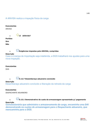 149
Rua Conde Pereira Carneiro, nº 80. Belo Horizonte – MG Cep: 30510-010 Tel: (31) 3314-4603
A ANVISA realiza a inspeção física da carga.
Executantes
ANVISA
o LI deferida?
Portões
Sim
Não
o Exigências impostas pela ANVISA, cumpridas
Descrição
Caso a Licença de Importação seja indeferida, a DGS trabalhará nos ajustes para uma
nova inspeção.
Executantes
DGS
o 5.12.7 Desembaraço aduaneiro concluído
Descrição
Desembaraço aduaneiro concluído e liberação da retirada da carga
Executantes
DESPACHANTE ADUANEIRO
o 5.13.1 Demonstrativo de custo da armazenagem apresentado p/ pagamento
Descrição
Concessionária que administra o armazenamento da carga, encaminha uma DAI
demonstrando os custos de armazenagem para o Despachante aduaneiro, que
reencaminha para a DGS.
 
