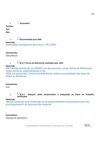 163
Rua Conde Pereira Carneiro, nº 80. Belo Horizonte – MG Cep: 30510-010 Tel: (31) 3314-4603
o Aprovado?
Portões
Sim
Não
o Encaminhado para DGS
Descrição
Autoridade Competente direciona o TR à DGS
Executantes
PRESIDÊNCIA
o 6.4.7 Termo de Referência analisado pela DGS
Descrição
DGS aceita tramitação no SIGED e os documentos, como Termo de Referência,
notas técnicas, especificações e etc.
DGS, em posse dos Termos de Referência, realiza consolidação dos itens de
todas as diretorias.
Executantes
DGS
o 6.5.1 Dotação, saldo orçamentário e adequação ao Plano de Trabalho,
verificados
Descrição
Nesse momento será verificado se há disponibilidade orçamentária para dar
prosseguimento ao processo de compras.
Executantes
SERVIÇO DE ORÇAMENTO
 