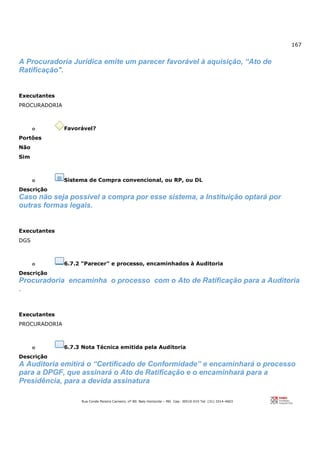 167
Rua Conde Pereira Carneiro, nº 80. Belo Horizonte – MG Cep: 30510-010 Tel: (31) 3314-4603
A Procuradoria Jurídica emite um parecer favorável à aquisição, “Ato de
Ratificação".
Executantes
PROCURADORIA
o Favorável?
Portões
Não
Sim
o Sistema de Compra convencional, ou RP, ou DL
Descrição
Caso não seja possível a compra por esse sistema, a Instituição optará por
outras formas legais.
Executantes
DGS
o 6.7.2 "Parecer" e processo, encaminhados à Auditoria
Descrição
Procuradoria encaminha o processo com o Ato de Ratificação para a Auditoria
.
Executantes
PROCURADORIA
o 6.7.3 Nota Técnica emitida pela Auditoria
Descrição
A Auditoria emitirá o “Certificado de Conformidade” e encaminhará o processo
para a DPGF, que assinará o Ato de Ratificação e o encaminhará para a
Presidência, para a devida assinatura
 