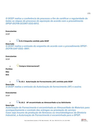 171
Rua Conde Pereira Carneiro, nº 80. Belo Horizonte – MG Cep: 30510-010 Tel: (31) 3314-4603
O DCEF realiza a conferência do processo a fim de certificar a regularidade de
todas as etapas do processo de aquisição de acordo com o procedimento
DPGF-DCFIN-SCONT-SSG-0012.
Executantes
DCEF
o 6.9.4 Empenho emitido pela DCEF
Descrição
O DCEF realiza a emissão do empenho de acordo com o procedimento DPGF-
DCFIN-SAF-SSG- 0001.
Executantes
DCEF
o Compra Internacional?
Portões
Não
Sim
o 6.10.1 Autorização de Fornecimento (AF) emitida pela DCEF
Descrição
O DCEF realiza a emissão da Autorização de fornecimento (AF) e assina.
Executantes
DCEF
o 6.10.2 AF encaminhada ao Almoxarifado e/ou Solicitante
Descrição
Autorização de Fornecimento é encaminhada ao Almoxarifado de Materiais para
acompanhamento e controle das entregas ou prestação de serviço.
Caso seja insumo da produção de fármacos ou imunobiológicos da Diretoria
Industrial, a Autorização de Fornecimento é encaminhada para a DPGP.
 