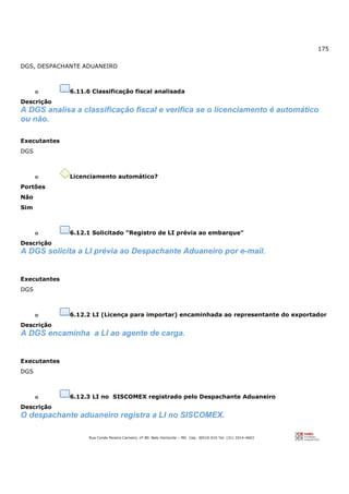 175
Rua Conde Pereira Carneiro, nº 80. Belo Horizonte – MG Cep: 30510-010 Tel: (31) 3314-4603
DGS, DESPACHANTE ADUANEIRO
o 6.11.6 Classificação fiscal analisada
Descrição
A DGS analisa a classificação fiscal e verifica se o licenciamento é automático
ou não.
Executantes
DGS
o Licenciamento automático?
Portões
Não
Sim
o 6.12.1 Solicitado "Registro de LI prévia ao embarque"
Descrição
A DGS solicita a LI prévia ao Despachante Aduaneiro por e-mail.
Executantes
DGS
o 6.12.2 LI (Licença para importar) encaminhada ao representante do exportador
Descrição
A DGS encaminha a LI ao agente de carga.
Executantes
DGS
o 6.12.3 LI no SISCOMEX registrado pelo Despachante Aduaneiro
Descrição
O despachante aduaneiro registra a LI no SISCOMEX.
 