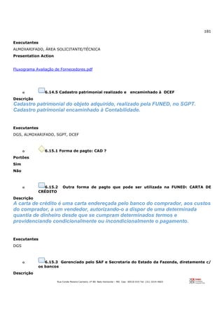 181
Rua Conde Pereira Carneiro, nº 80. Belo Horizonte – MG Cep: 30510-010 Tel: (31) 3314-4603
Executantes
ALMOXARIFADO, ÁREA SOLICITANTE/TÉCNICA
Presentation Action
Fluxograma Avaliação de Fornecedores.pdf
o 6.14.5 Cadastro patrimonial realizado e encaminhado à DCEF
Descrição
Cadastro patrimonial do objeto adquirido, realizado pela FUNED, no SGPT.
Cadastro patrimonial encaminhado à Contabilidade.
Executantes
DGS, ALMOXARIFADO, SGPT, DCEF
o 6.15.1 Forma de pagto: CAD ?
Portões
Sim
Não
o 6.15.2 Outra forma de pagto que pode ser utilizada na FUNED: CARTA DE
CRÉDITO
Descrição
A carta de crédito é uma carta endereçada pelo banco do comprador, aos custos
do comprador, a um vendedor, autorizando-o a dispor de uma determinada
quantia de dinheiro desde que se cumpram determinados termos e
providenciando condicionalmente ou incondicionalmente o pagamento.
Executantes
DGS
o 6.15.3 Gerenciado pelo SAF e Secretaria do Estado da Fazenda, diretamente c/
os bancos
Descrição
 