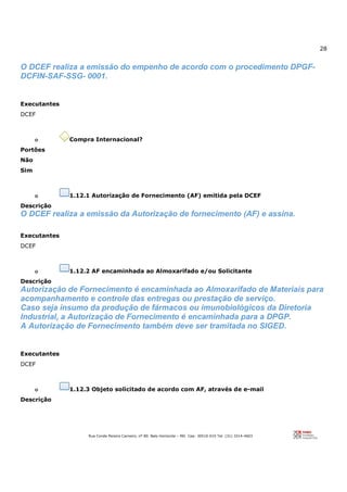 28
Rua Conde Pereira Carneiro, nº 80. Belo Horizonte – MG Cep: 30510-010 Tel: (31) 3314-4603
O DCEF realiza a emissão do empenho de acordo com o procedimento DPGF-
DCFIN-SAF-SSG- 0001.
Executantes
DCEF
o Compra Internacional?
Portões
Não
Sim
o 1.12.1 Autorização de Fornecimento (AF) emitida pela DCEF
Descrição
O DCEF realiza a emissão da Autorização de fornecimento (AF) e assina.
Executantes
DCEF
o 1.12.2 AF encaminhada ao Almoxarifado e/ou Solicitante
Descrição
Autorização de Fornecimento é encaminhada ao Almoxarifado de Materiais para
acompanhamento e controle das entregas ou prestação de serviço.
Caso seja insumo da produção de fármacos ou imunobiológicos da Diretoria
Industrial, a Autorização de Fornecimento é encaminhada para a DPGP.
A Autorização de Fornecimento também deve ser tramitada no SIGED.
Executantes
DCEF
o 1.12.3 Objeto solicitado de acordo com AF, através de e-mail
Descrição
 