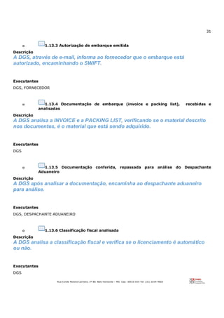 31
Rua Conde Pereira Carneiro, nº 80. Belo Horizonte – MG Cep: 30510-010 Tel: (31) 3314-4603
o 1.13.3 Autorização de embarque emitida
Descrição
A DGS, através de e-mail, informa ao fornecedor que o embarque está
autorizado, encaminhando o SWIFT.
Executantes
DGS, FORNECEDOR
o 1.13.4 Documentação de embarque (invoice e packing list), recebidas e
analisadas
Descrição
A DGS analisa a INVOICE e a PACKING LIST, verificando se o material descrito
nos documentos, é o material que está sendo adquirido.
Executantes
DGS
o 1.13.5 Documentação conferida, repassada para análise do Despachante
Aduaneiro
Descrição
A DGS após analisar a documentação, encaminha ao despachante aduaneiro
para análise.
Executantes
DGS, DESPACHANTE ADUANEIRO
o 1.13.6 Classificação fiscal analisada
Descrição
A DGS analisa a classificação fiscal e verifica se o licenciamento é automático
ou não.
Executantes
DGS
 