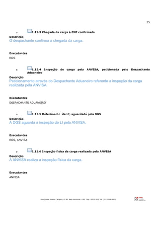 35
Rua Conde Pereira Carneiro, nº 80. Belo Horizonte – MG Cep: 30510-010 Tel: (31) 3314-4603
o 1.15.3 Chegada da carga à CNF confirmada
Descrição
O despachante confirma a chegada da carga.
Executantes
DGS
o 1.15.4 Inspeção de carga pela ANVISA, peticionada pelo Despachante
Aduaneiro
Descrição
Peticionamento através do Despachante Aduaneiro referente a inspeção da carga
realizada pela ANVISA.
Executantes
DESPACHANTE ADUANEIRO
o 1.15.5 Deferimento da LI, aguardada pela DGS
Descrição
A DGS aguarda a inspeção da LI pela ANVISA.
Executantes
DGS, ANVISA
o 1.15.6 Inspeção física da carga realizada pela ANVISA
Descrição
A ANVISA realiza a inspeção física da carga.
Executantes
ANVISA
 