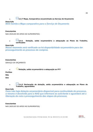 48
Rua Conde Pereira Carneiro, nº 80. Belo Horizonte – MG Cep: 30510-010 Tel: (31) 3314-4603
o 2.3.7 Mapa, Comparativo encaminhado ao Serviço de Orçamento
Descrição
NAS tramita o Mapa comparativo para o Serviço de Orçamento
Executantes
NAS (NÚCLEO DE APOIO AO SUPRIMENTOS)
o 2.4.1 Dotação, saldo orçamentário e adequação ao Plano de Trabalho,
verificados
Descrição
Nesse momento será verificado se há disponibilidade orçamentária para dar
prosseguimento ao processo de compras.
Executantes
SERVIÇO DE ORÇAMENTO
o Dotação, saldo orçamentário e adequação ao PT?
Portões
Não
Sim
o 2.4.2 Declaração de dotação, saldo orçamentário e adequação ao Plano de
Trabalho, aguardados
Descrição
Caso não haja dotação orçamentária disponível para continuidade do processo,
o mesmo é devolvido para o NAS que informará ao solicitante e aguardará até a
liberação da cota e prosseguimento das etapas do processo.
Executantes
NAS (NÚCLEO DE APOIO AO SUPRIMENTOS)
 
