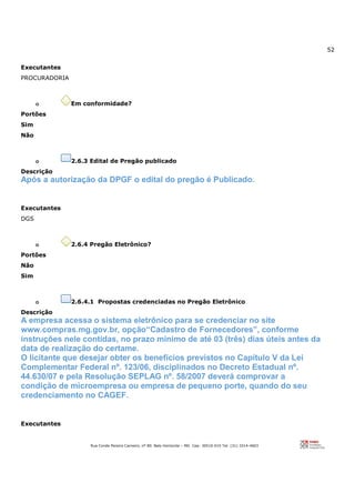 52
Rua Conde Pereira Carneiro, nº 80. Belo Horizonte – MG Cep: 30510-010 Tel: (31) 3314-4603
Executantes
PROCURADORIA
o Em conformidade?
Portões
Sim
Não
o 2.6.3 Edital de Pregão publicado
Descrição
Após a autorização da DPGF o edital do pregão é Publicado.
Executantes
DGS
o 2.6.4 Pregão Eletrônico?
Portões
Não
Sim
o 2.6.4.1 Propostas credenciadas no Pregão Eletrônico
Descrição
A empresa acessa o sistema eletrônico para se credenciar no site
www.compras.mg.gov.br, opção“Cadastro de Fornecedores”, conforme
instruções nele contidas, no prazo mínimo de até 03 (três) dias úteis antes da
data de realização do certame.
O licitante que desejar obter os benefícios previstos no Capítulo V da Lei
Complementar Federal nº. 123/06, disciplinados no Decreto Estadual nº.
44.630/07 e pela Resolução SEPLAG nº. 58/2007 deverá comprovar a
condição de microempresa ou empresa de pequeno porte, quando do seu
credenciamento no CAGEF.
Executantes
 